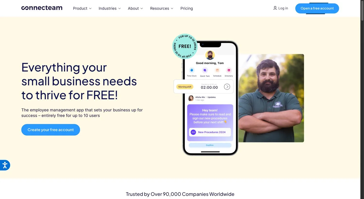 Connecteam public Small Business Plan advertising free access for up to ten users.