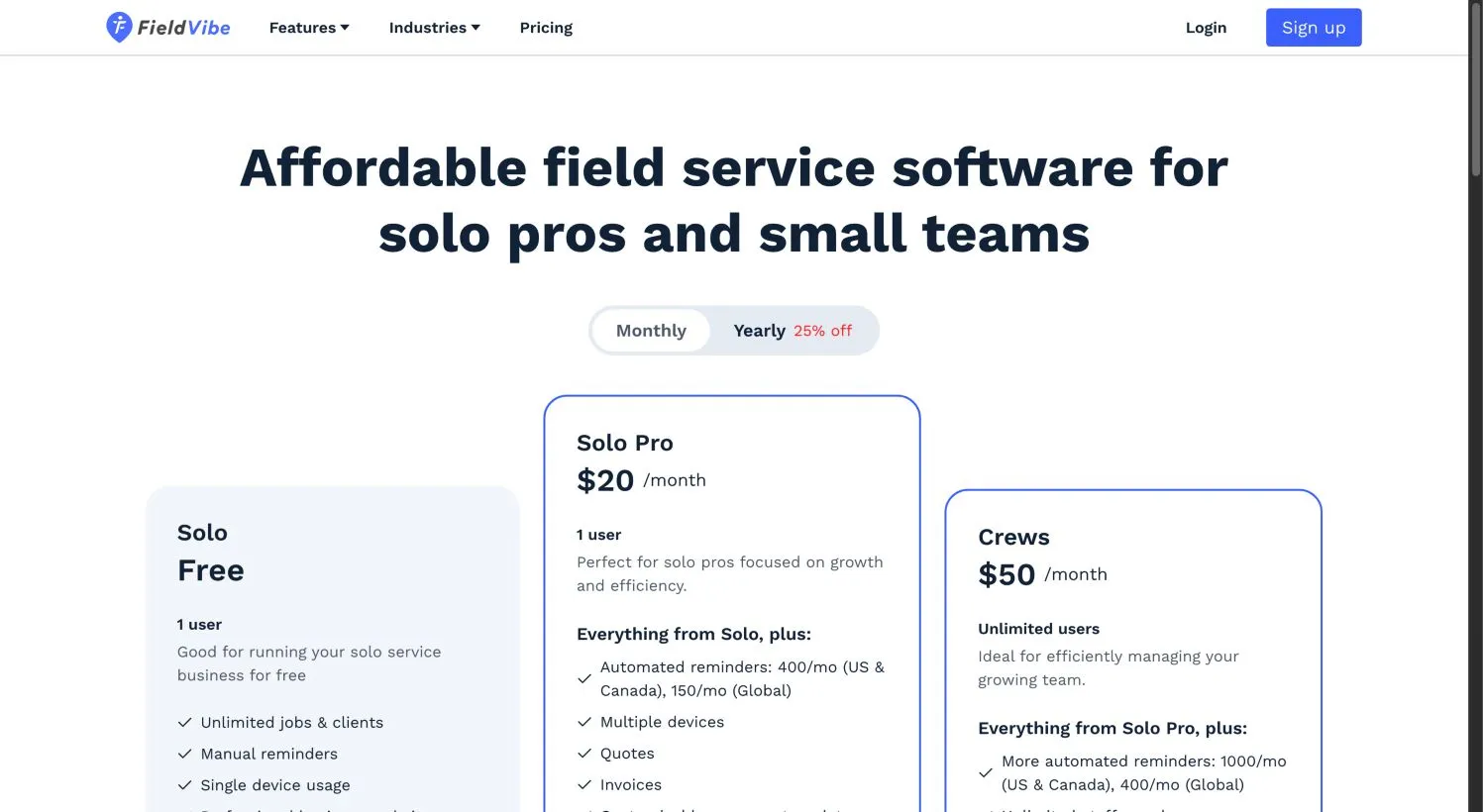 FieldVibe public Solo free, Solo Pro and Crews monthly pricing cards.