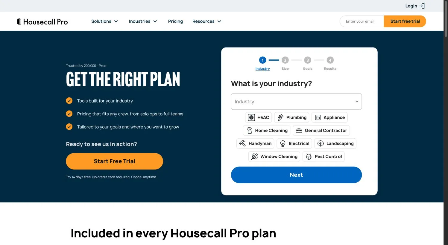 Housecall Pro public pricing page asking for industry, team size and goals.