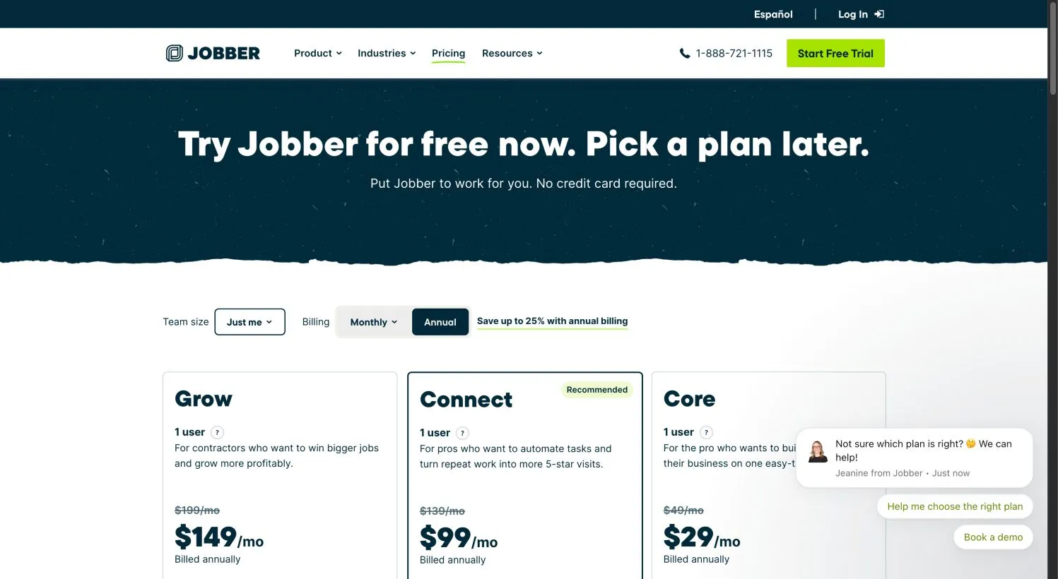 Public Jobber pricing page with annual billing selected; a vendor-page capture, not an account test.
