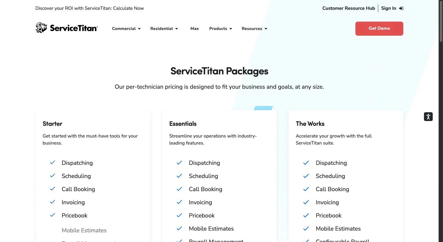 ServiceTitan public Starter, Essentials and The Works package cards, with excluded features greyed.